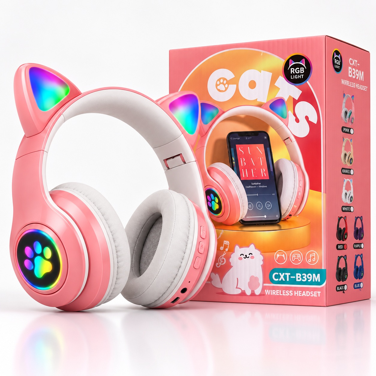 Kufje Wireless B39M Cat Ear me RGB – Rozë – foto 3