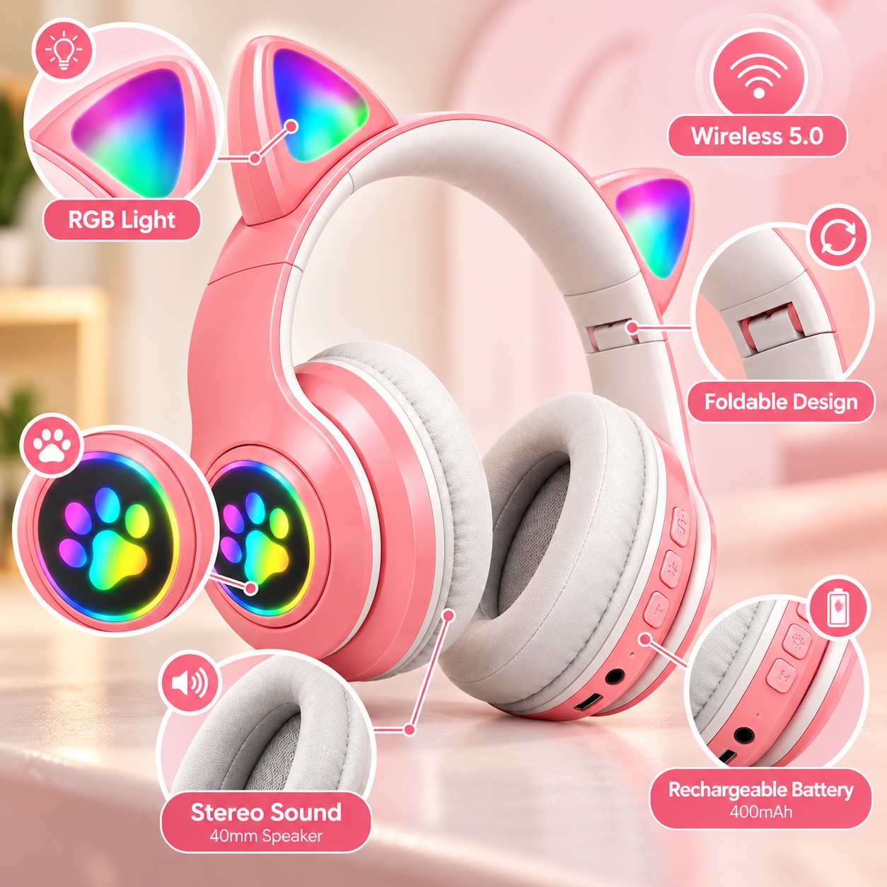 Kufje Wireless B39M Cat Ear me RGB – Rozë – foto 4