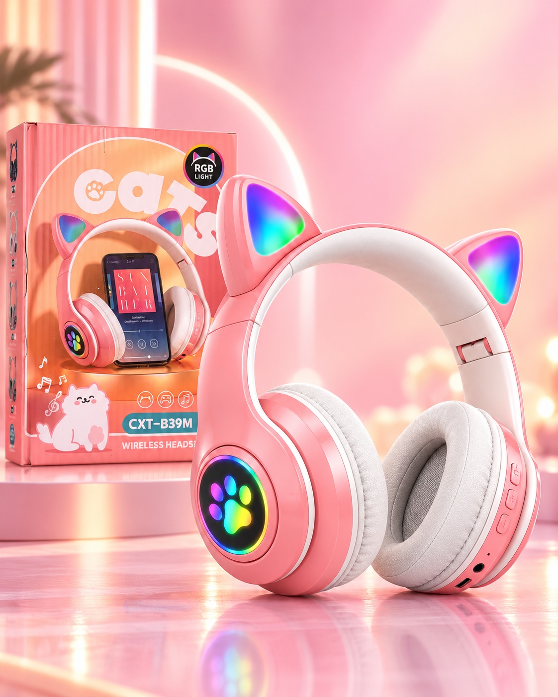 Kufje Wireless B39M Cat Ear me RGB – Rozë – foto 6