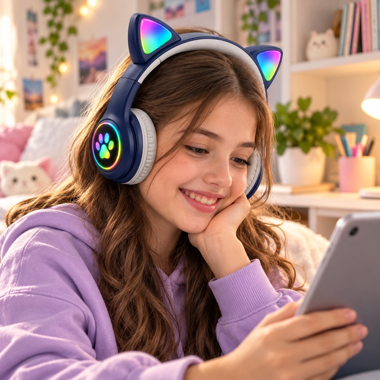 Kufje Wireless B39M Cat Ear me RGB – Të Kaltra – foto 5