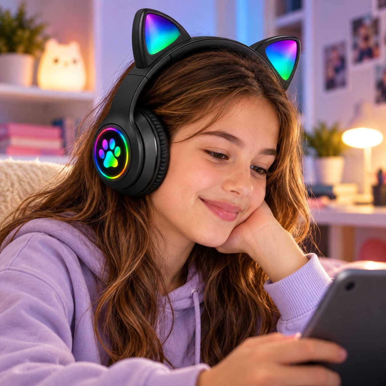 Kufje Wireless B39M Cat Ear me RGB – Të Zeza – foto 6